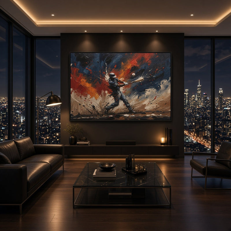 Framed baseball swing wall art with red and blue splatter, bat-wielding player