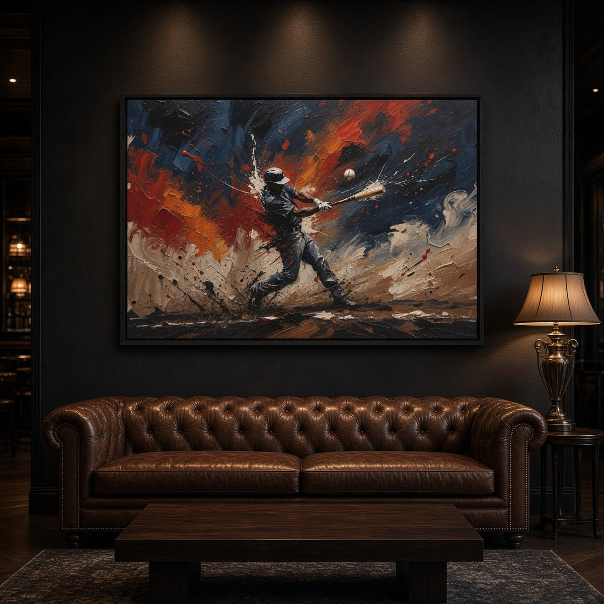 Framed baseball swing canvas with red, blue, and black paint splatter