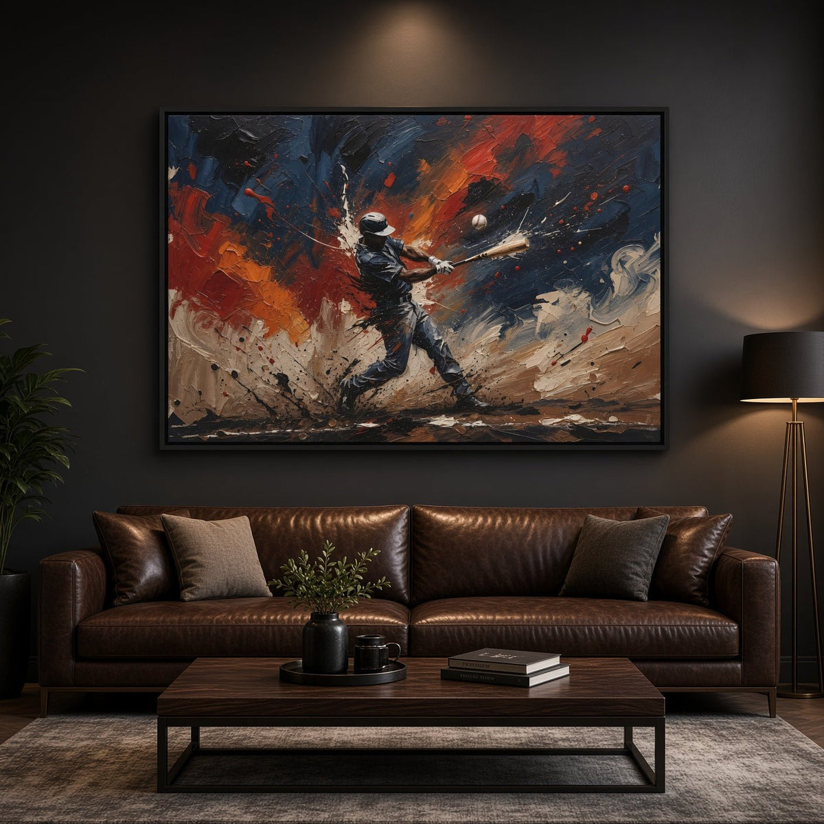 Framed baseball-themed paint splatter canvas with a swinging batter and scattered splatter marks