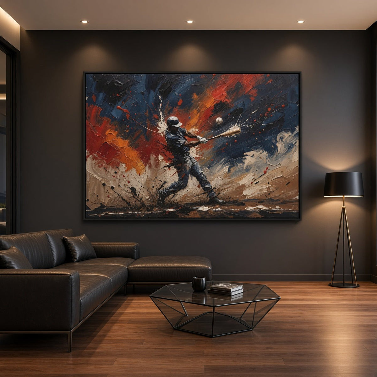 Framed sports paint splatter canvas with a baseball batter silhouette in dynamic strokes