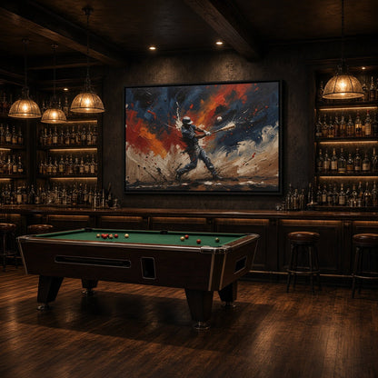 Framed baseball paint splatter canvas artwork featuring a mid-swing player silhouette