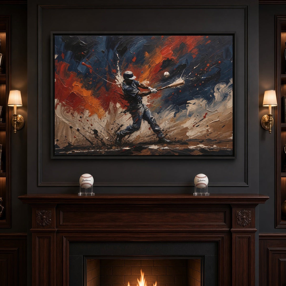 Framed baseball action paint splatter canvas with a swinging player and flying ball