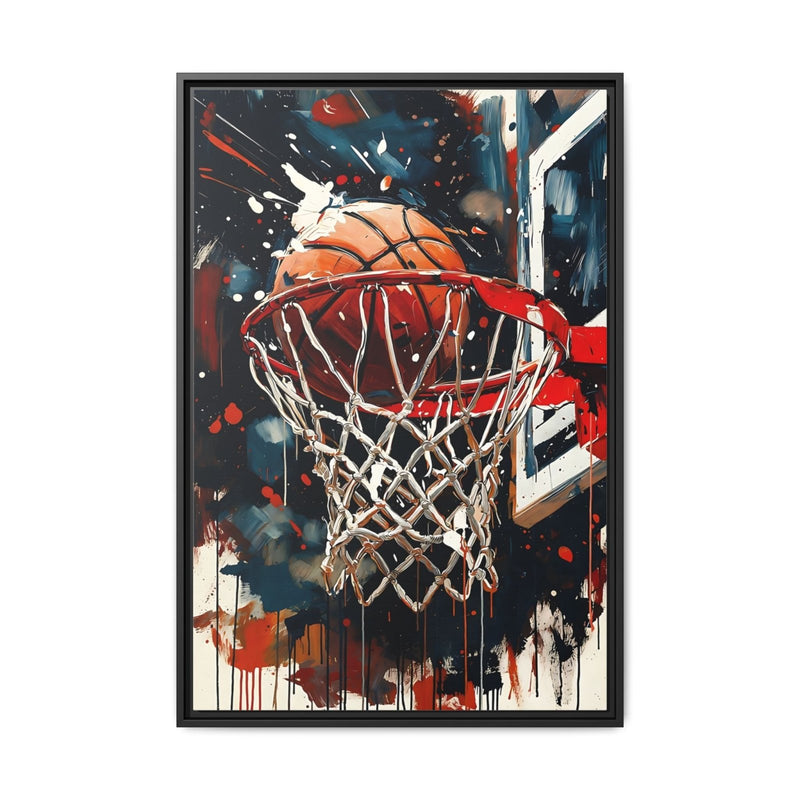 Black framed basketball hoop canvas print with orange ball, detailed white net, splashes.