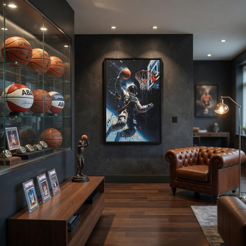 Framed matte canvas: space astronaut dunking basketball toward the hoop