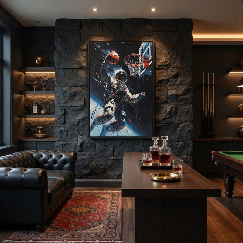 Framed matte canvas showing a space astronaut dunking a basketball in front of a hoop.