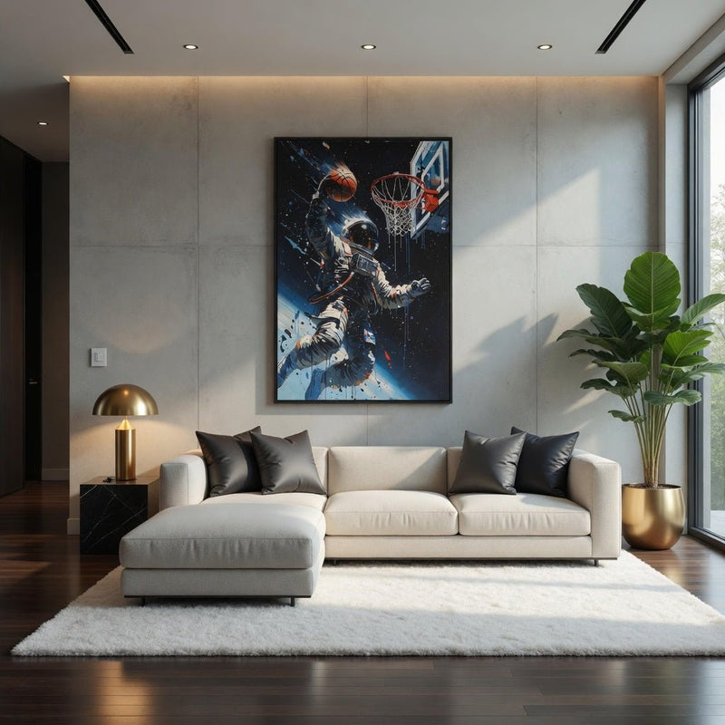 Framed matte canvas featuring an astronaut dunking a basketball in outer space.