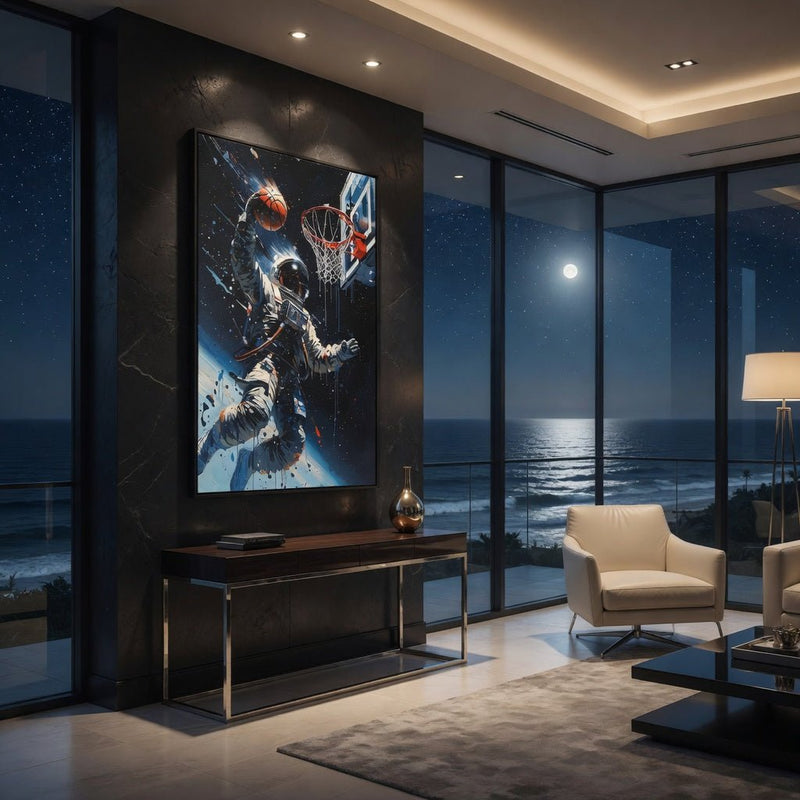 Framed matte canvas of a space astronaut mid-dunk with a basketball and hoop.