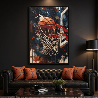 Framed basketball artwork with orange hoop and white net strands, abstract splashes, black frame