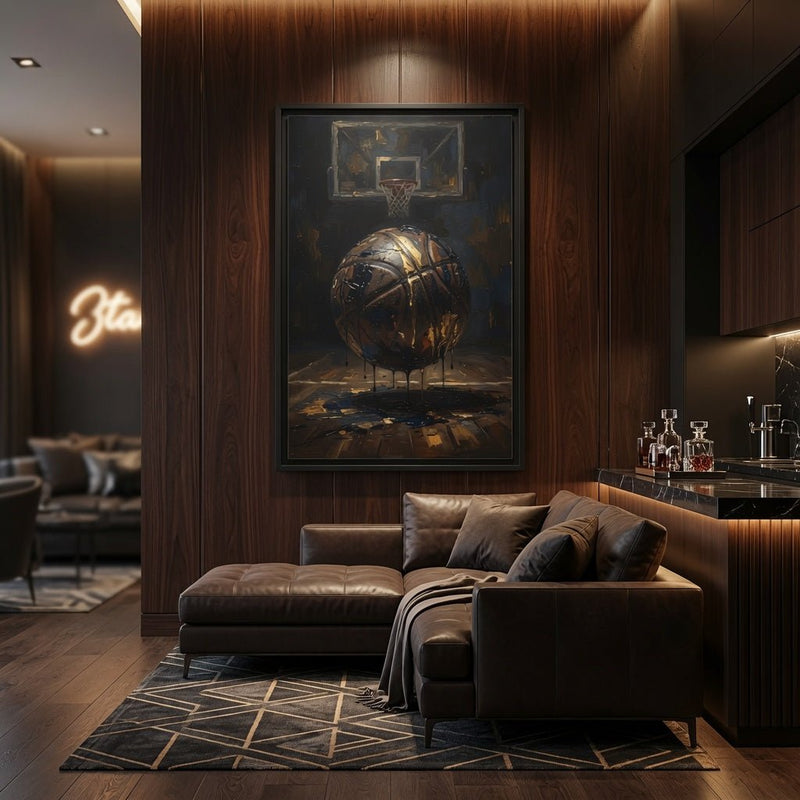 Framed matte canvas basketball painting, featuring a basketball and hoop with gold accents