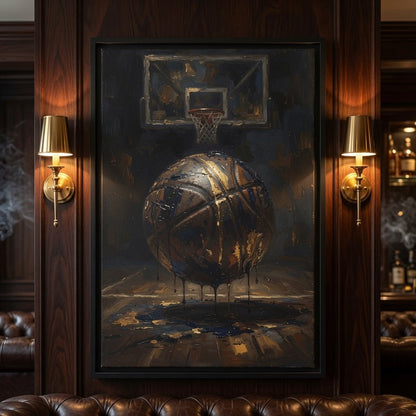 Close view of framed matte canvas basketball painting with hoop and painted basketball