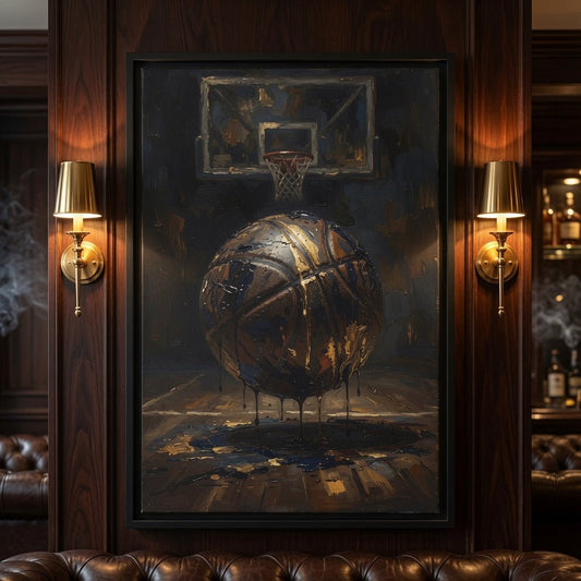 Close view of framed matte canvas basketball painting with hoop and painted basketball
