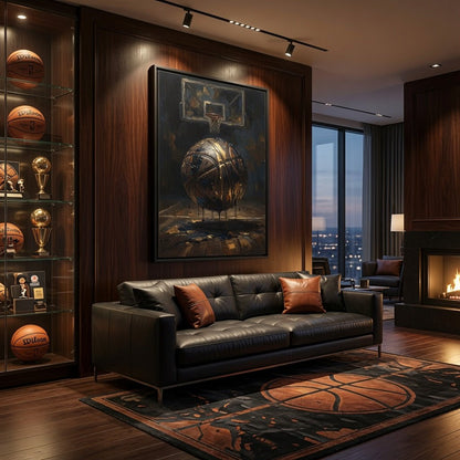Framed basketball artwork on matte canvas, black frame, hoop and basketball illustration