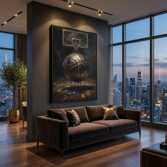 Framed matte canvas basketball painting showing basketball, hoop, and black border frame