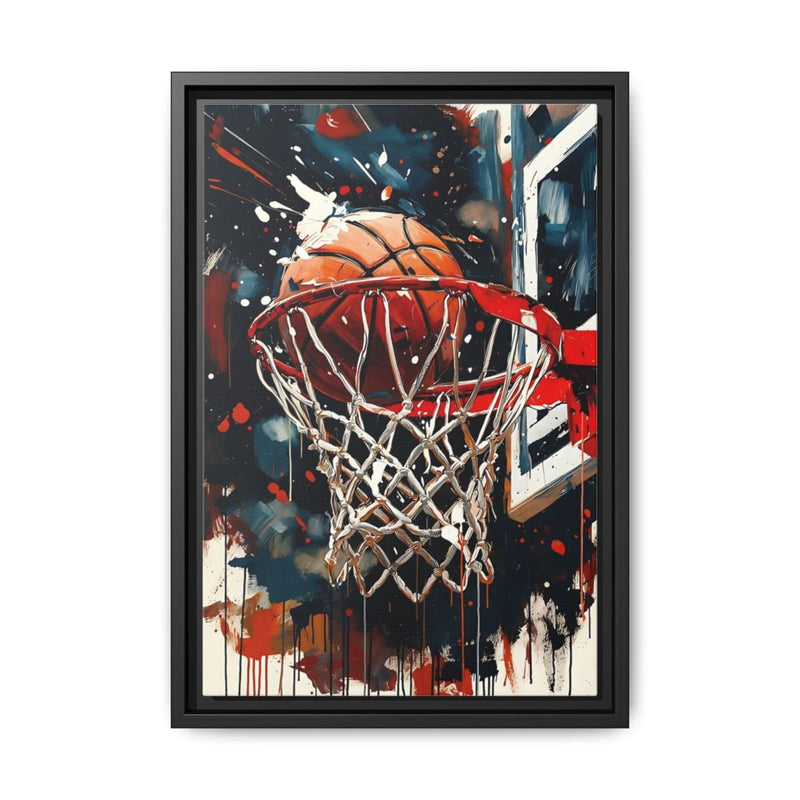 Black framed basketball hoop splash art on matte canvas with white net and red paint drops