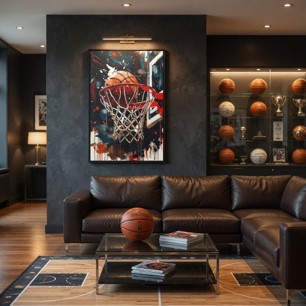 Basketball Hoop Splash Art Matte Canvas Frame | Sports Wall Art