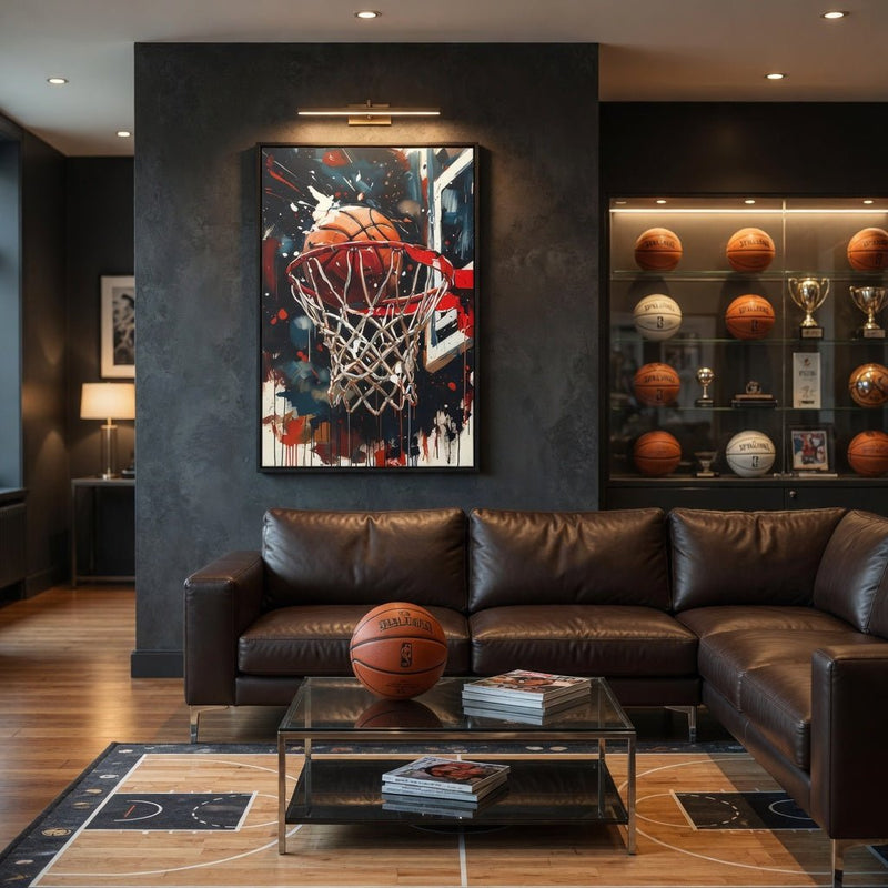 Black framed basketball hoop canvas art showing orange ball and white net with splatter.