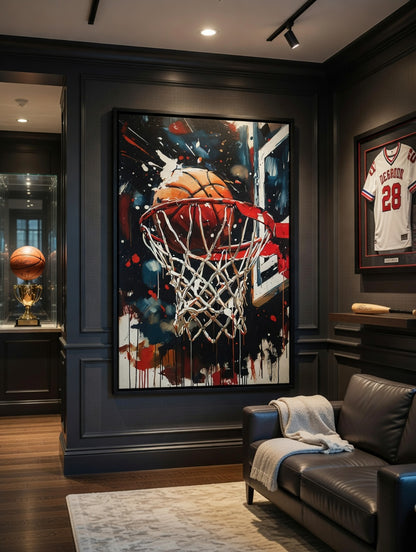 Basketball Hoop Splash Art Matte Canvas Frame | Sports Wall Art