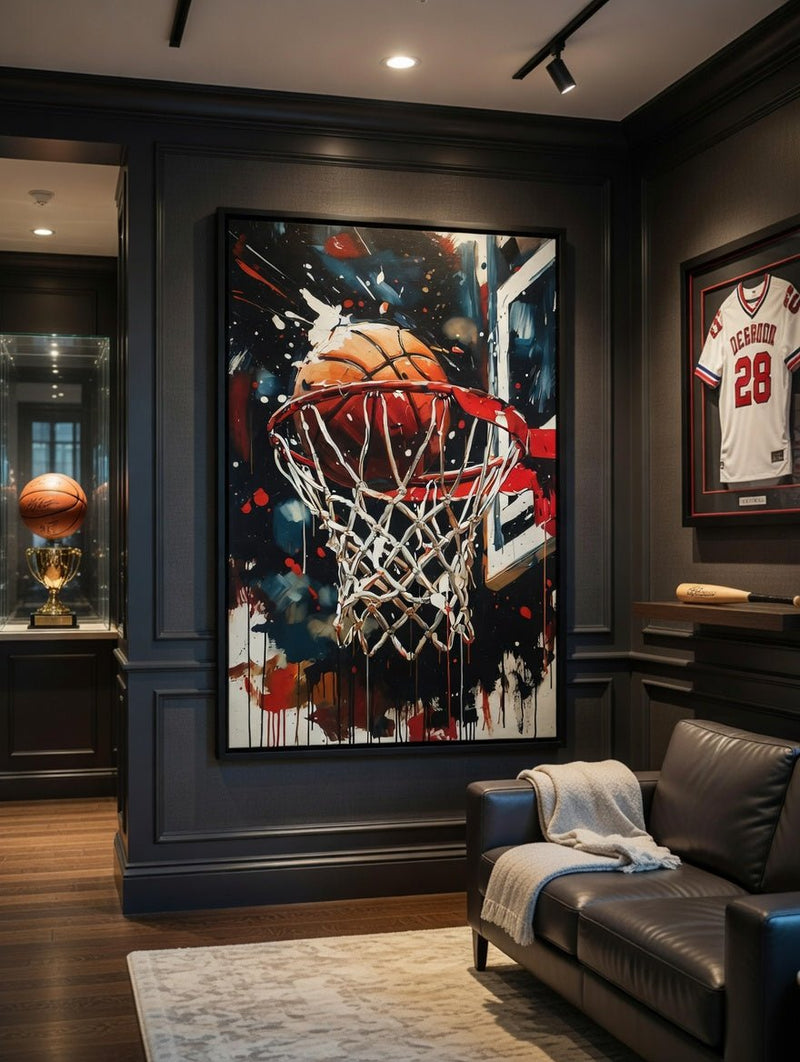 Black framed basketball hoop canvas artwork with orange ball, white net, paint splashes.