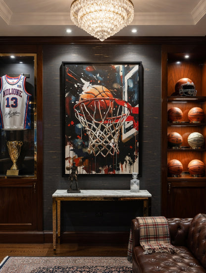 Basketball Hoop Splash Art Matte Canvas Frame | Sports Wall Art