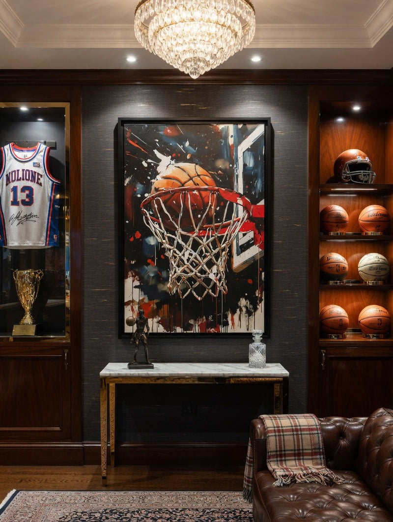 Black framed basketball hoop canvas art with orange ball and white net, splash effect.