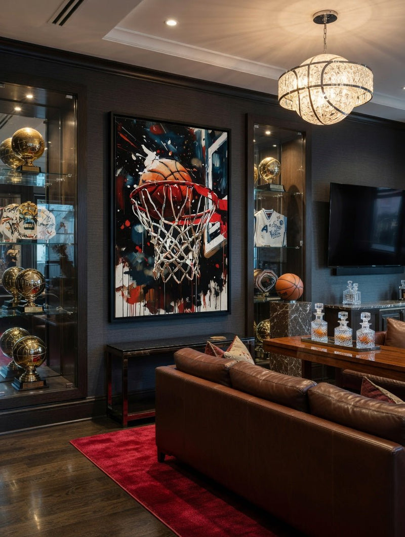Framed basketball hoop splash art with black frame, orange ball, and white net
