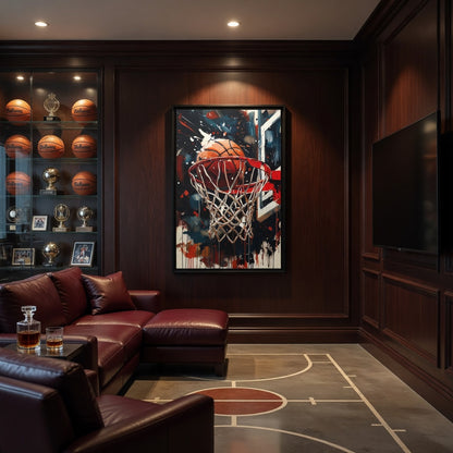 Basketball Hoop Splash Art Matte Canvas Frame | Sports Wall Art