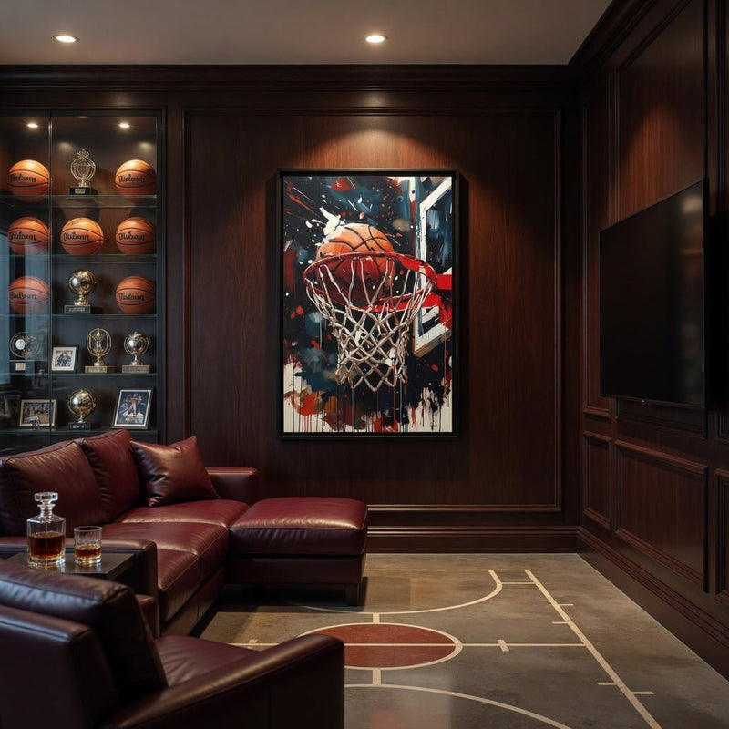 Black framed basketball hoop wall art with orange ball, white net, colorful drips.