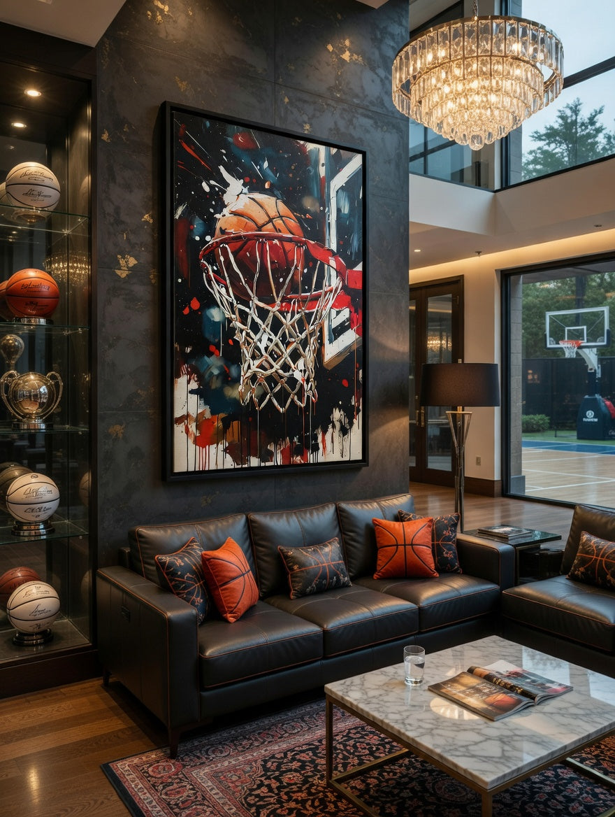 Basketball Hoop Splash Art Matte Canvas Frame | Sports Wall Art