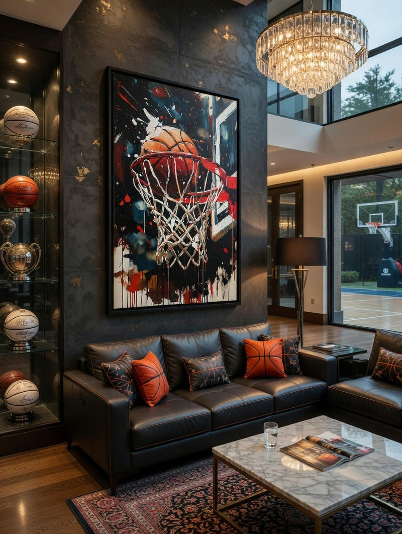 Black framed basketball hoop splash art with orange ball, white net, red paint streaks.