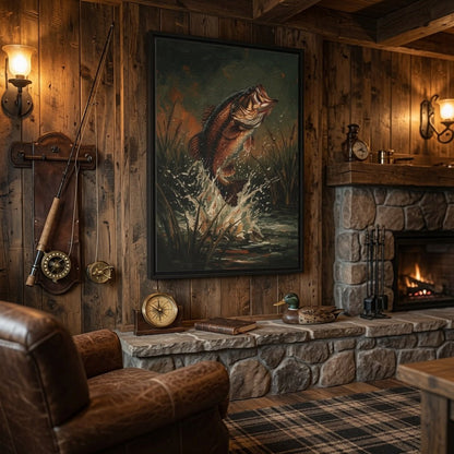 Black-framed canvas art with a leaping bass fish print in dark green tones