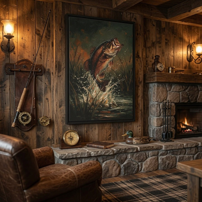 Black-framed canvas art with a leaping bass fish print in dark green tones