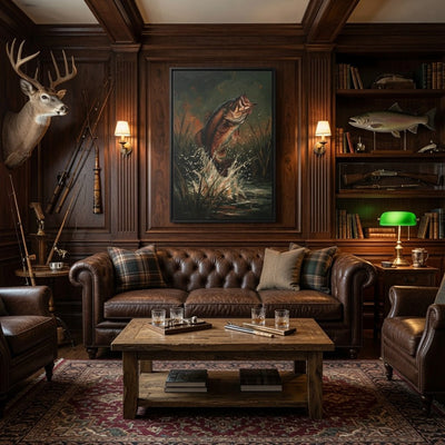 Black-framed canvas wall art with leaping bass fish print in natural greens and browns