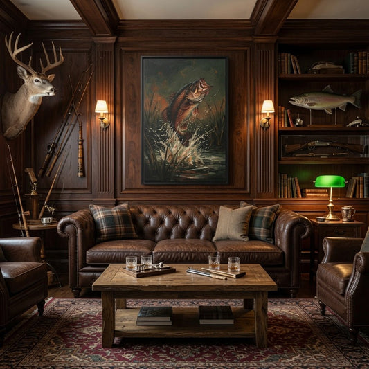 Black-framed canvas wall art with leaping bass fish print in natural greens and browns