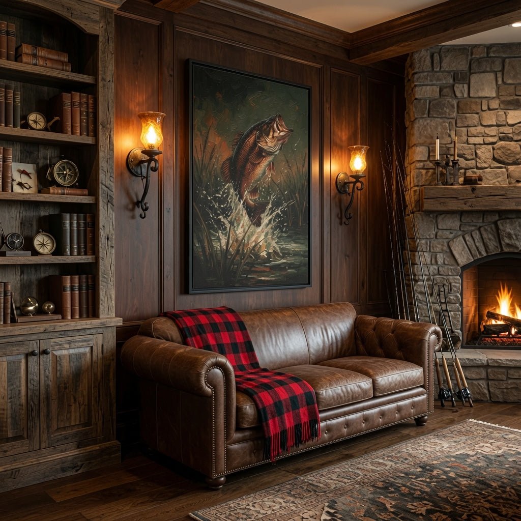 Vertical black-framed canvas wall art showing a leaping bass fish in the scene