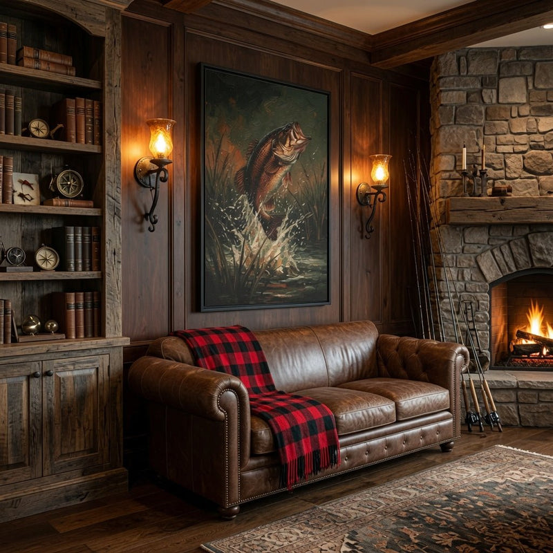 Vertical black-framed canvas wall art showing a leaping bass fish in the scene