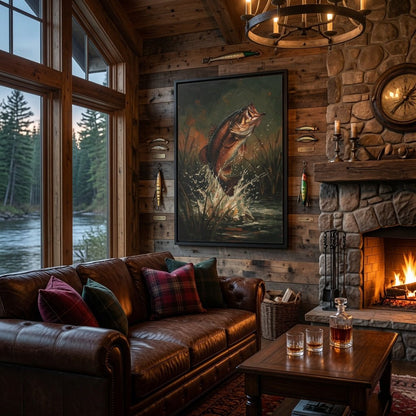 Black framed canvas print of a leaping bass fish with water and reeds backdrop