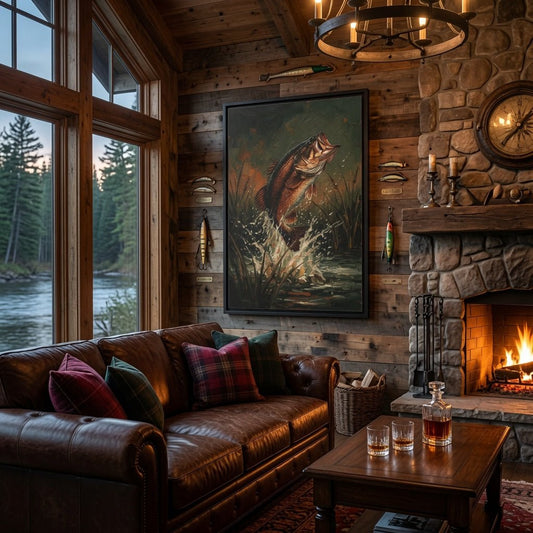Black framed canvas print of a leaping bass fish with water and reeds backdrop