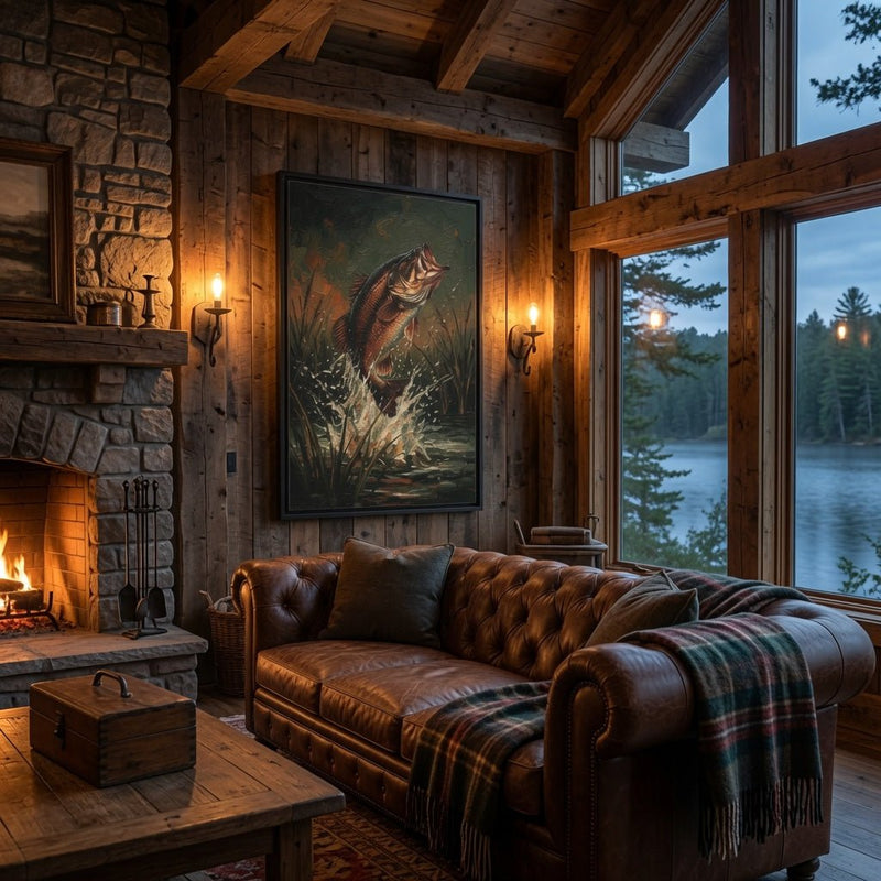 Black-framed canvas featuring a leaping bass fish illustration with grasses and splashes