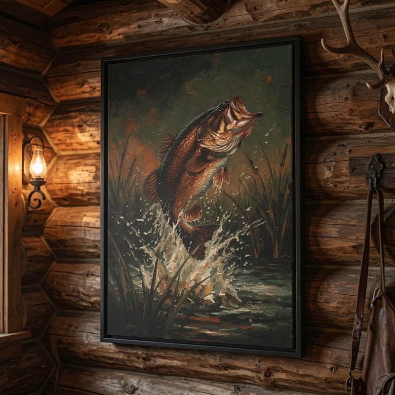Close view of black-framed canvas art with a leaping bass fish in muted greens
