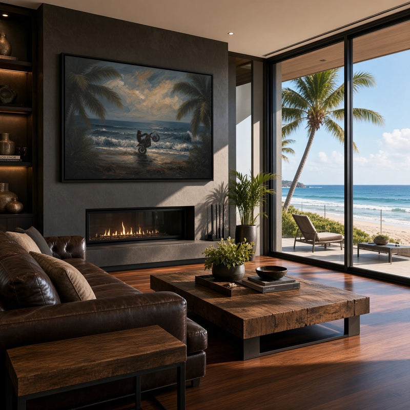 Black-framed beach dirt bike canvas beside fireplace and large window ocean scene