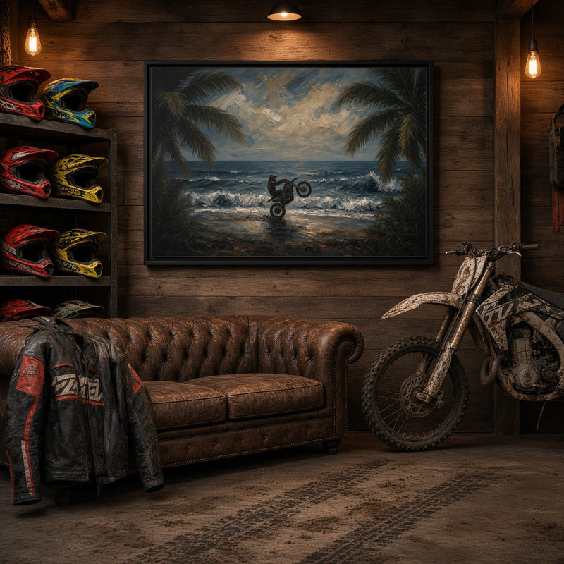 Black-framed beach dirt bike canvas above tufted leather sofa with parked motorcycle