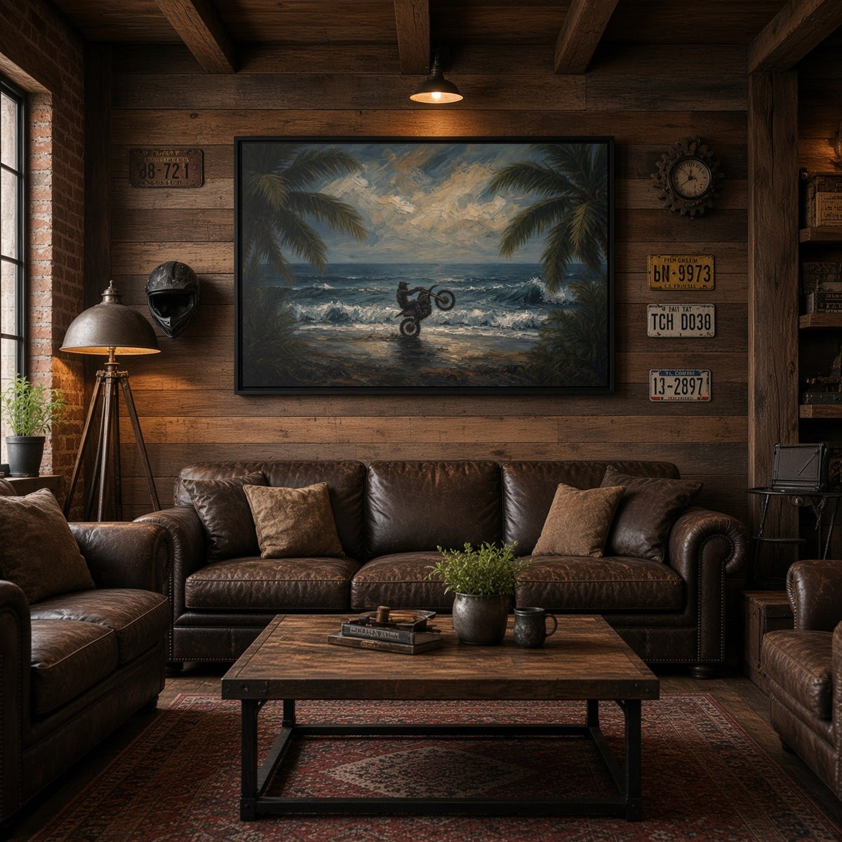 Black-framed beach dirt bike canvas on rustic wood wall over leather couch