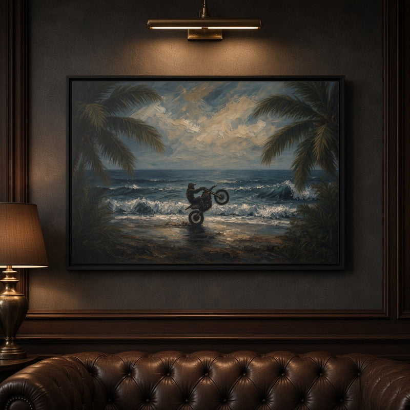 Black-framed beach dirt bike canvas above tufted leather sofa
