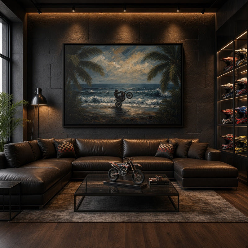 Black-framed beach dirt bike canvas above dark sectional sofa