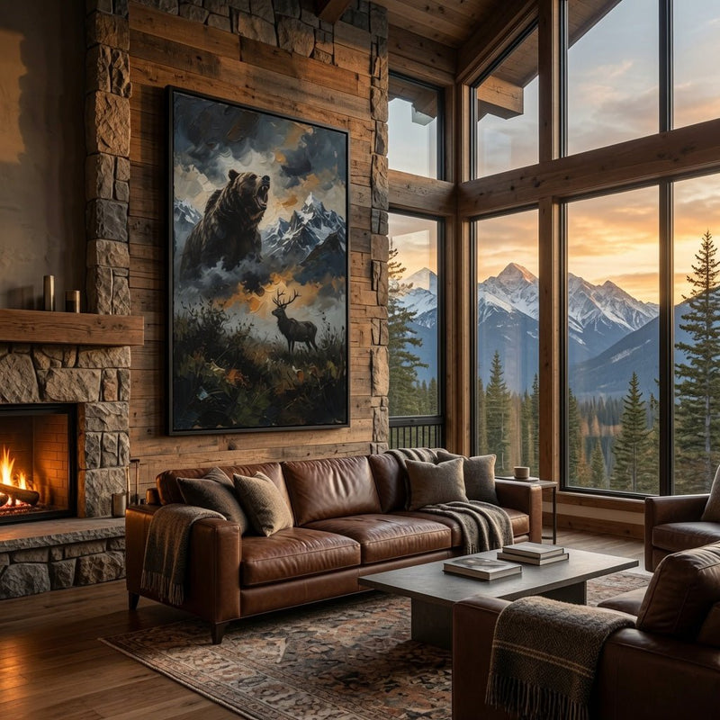 Wilderness framed canvas featuring bear and stag over rocky peaks; black matte frame