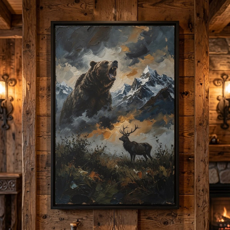 Close view of framed canvas with roaring bear and stag in stormy mountain scene; black frame