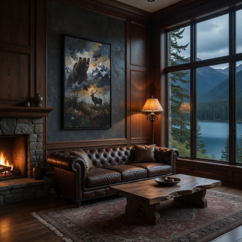 Framed wilderness wall art with roaring bear and stag amid mountain scenery; black matte frame