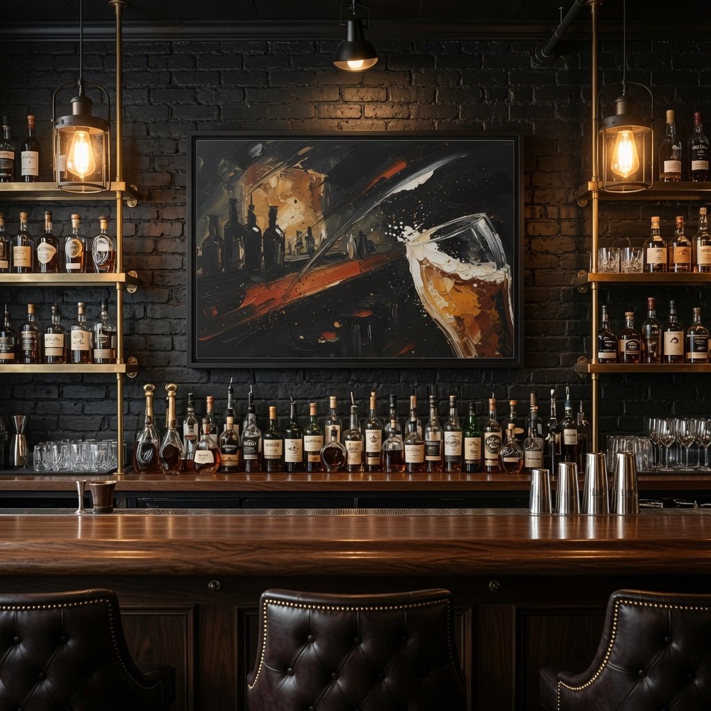 Framed abstract canvas bar scene with bottle silhouettes and beer glass, black frame