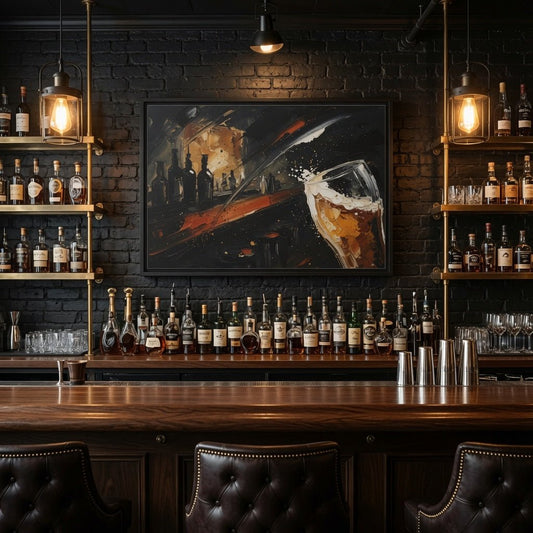 Framed abstract canvas bar scene with bottle silhouettes and beer glass, black frame