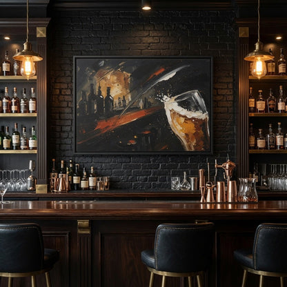 Framed abstract canvas wall art showing beer glass and bottles on dark background, black frame